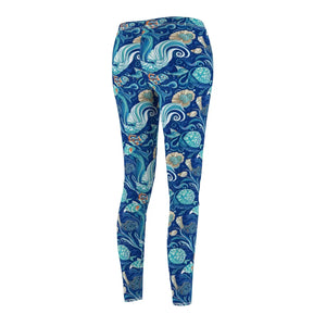 Ocean Waves Floral Leggings, Blue Mermaid Seashell All-over Print - s