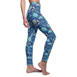 Ocean Waves Floral Leggings, Blue Mermaid Seashell All-over Print - s