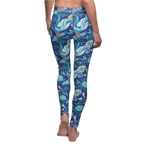 Ocean Waves Floral Leggings, Blue Mermaid Seashell All-over Print - s
