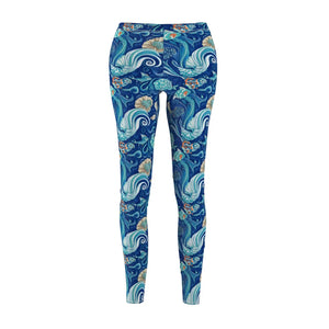 Ocean Waves Floral Leggings, Blue Mermaid Seashell All-over Print - s