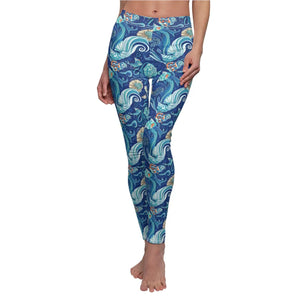 Ocean Waves Floral Leggings, Blue Mermaid Seashell All-over Print - s