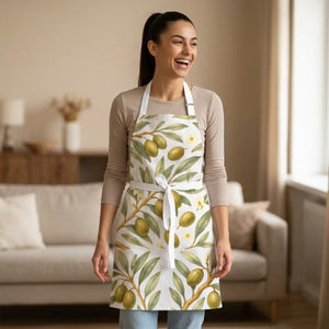 Olive Branch Apron, Mediterranean Kitchen Floral Print Cooking - Aprons