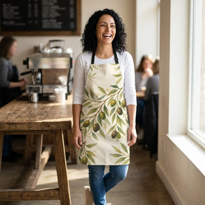 Olive Branch Kitchen Apron, Botanical Cooking with Green Print - Aprons