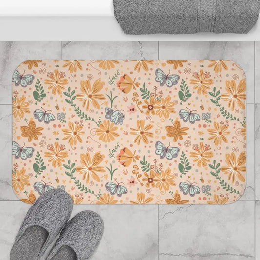 Transform your Bathroom with an Orange Butterfly Floral Bath Mat - 34’’ × 21’’ Home Decor