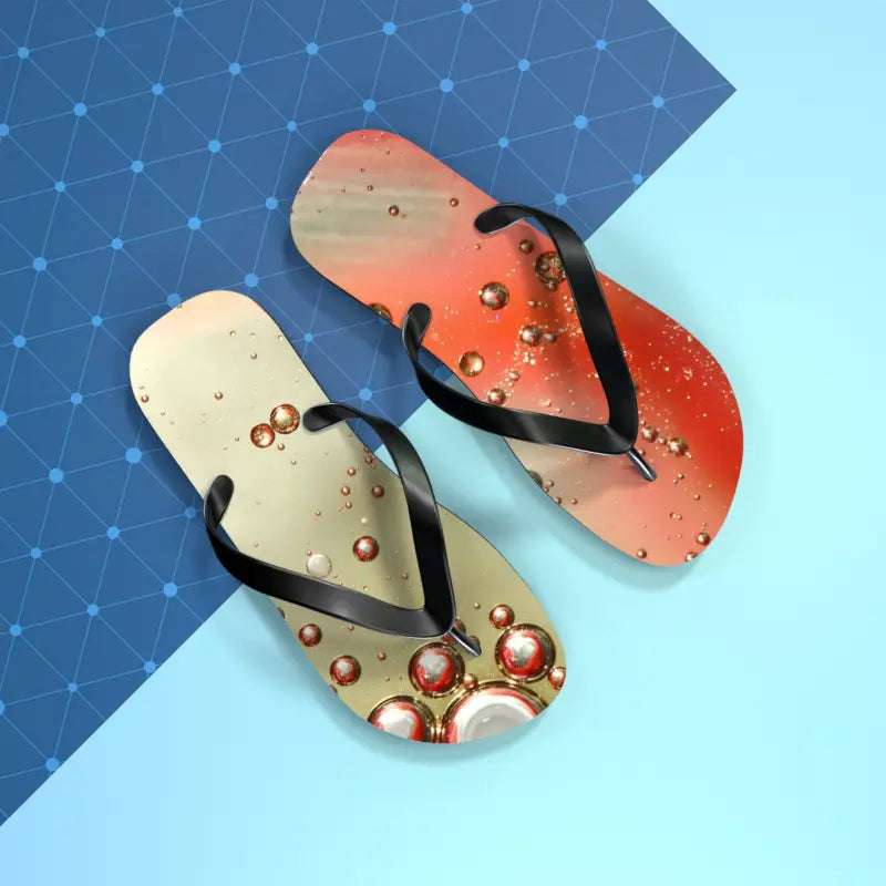 Orange Droplets Unisex Flip Flops: Cool Summer Vibes! - s / Black Sole Shoes