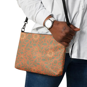 Faux Leather Crossbody Orange Floral Dark Gray Hardware - Dipaliz - Cross Body Bags