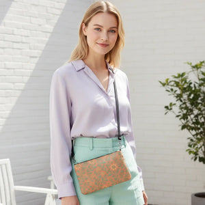 Orange Floral Faux Leather Crossbody - Dark Gray Hardware - Dipaliz - Cross Body Bags