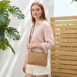 Orange Floral Faux Leather Crossbody - Dark Gray Hardware - Dipaliz - Cross Body Bags