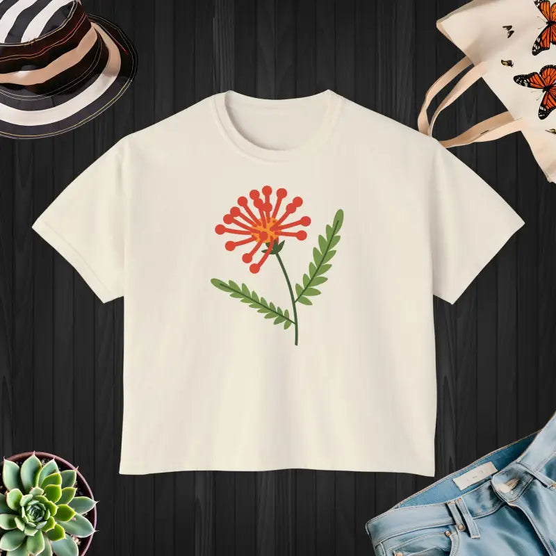 Laidback Vibes: Women’s Orange Flower Boxy Tee - Ivory / m T-shirt