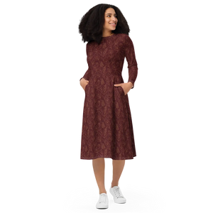 Oxblood Botanical Pattern Long Sleeve Midi Dress - Dipaliz - Dresses - Xs