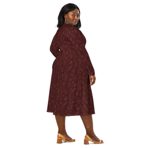 Oxblood Botanical Pattern Long Sleeve Midi Dress - Dipaliz - Dresses - Xs