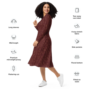 Oxblood Botanical Pattern Long Sleeve Midi Dress - Dipaliz - Dresses - Xs