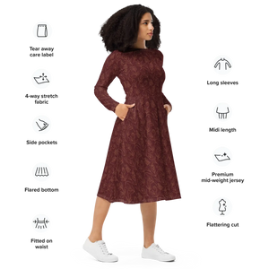 Oxblood Botanical Pattern Long Sleeve Midi Dress - Dipaliz - Dresses - Xs