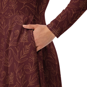 Oxblood Botanical Pattern Long Sleeve Midi Dress - Dipaliz - Dresses - Xs