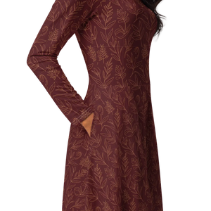 Oxblood Botanical Pattern Long Sleeve Midi Dress - Dipaliz - Dresses - Xs