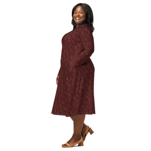 Oxblood Botanical Pattern Long Sleeve Midi Dress - Dipaliz - Dresses - Xs