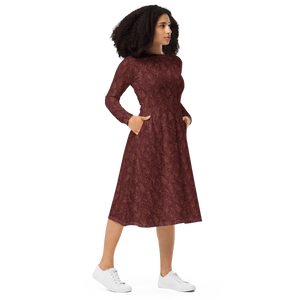 Oxblood Botanical Pattern Long Sleeve Midi Dress - Dipaliz - Dresses - Xs