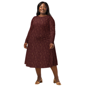 Oxblood Botanical Pattern Long Sleeve Midi Dress - Dipaliz - Dresses - Xs