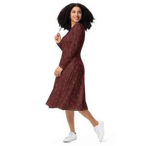 Oxblood Botanical Pattern Long Sleeve Midi Dress - Dipaliz - Dresses - Xs