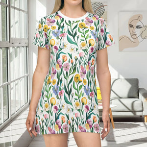 Floral T-shirt Dress – Organic Cotton Casual - Dipaliz - Dresses - Xs