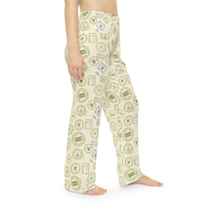 Pajama Pants, Cozy Vintage Travel Stamp Print Women’s Lounge - Pajamas