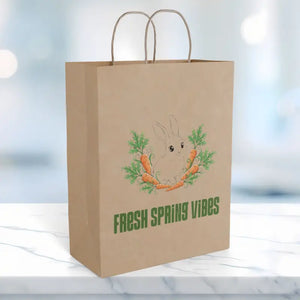 Paper Gift Bag — ?Fresh Spring Vibes’ Bunny & Carrot Easter Tote - 10’’ x 13’’ / Kraft / Gifts Online