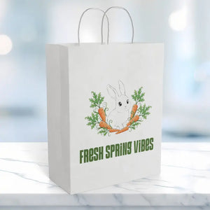 Paper Gift Bag — ?Fresh Spring Vibes’ Bunny & Carrot Easter Tote - 10’’ x 13’’ / White / Gifts Online