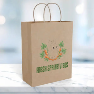 Paper Gift Bag — ?Fresh Spring Vibes’ Bunny & Carrot Easter Tote - 8’’ x 10.25’’ / Kraft / Gifts Online
