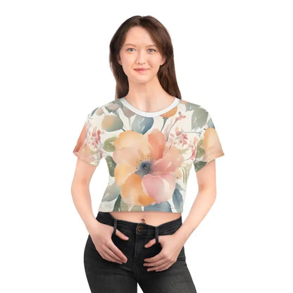 Chic Pastel Crop Tee with Blossom Charm - Black Stitching / s Tee