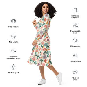 Long Sleeve Midi Dress – Pastel Flowers - Dipaliz - Dresses - Xs