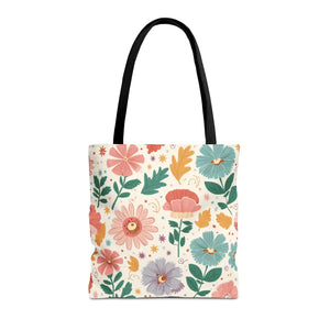 Pastel Floral Tote Bag - Black Cotton Elegance - Dipaliz - Shopping Totes
