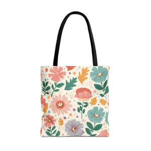 Pastel Floral Tote Bag - Black Cotton Elegance - Dipaliz - Shopping Totes