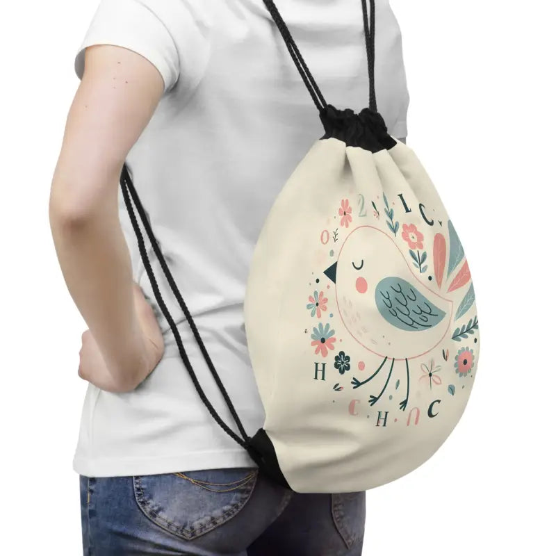 Charming Elegance: Bird & Pastel Flowers Drawstring Bag - one Size Bags