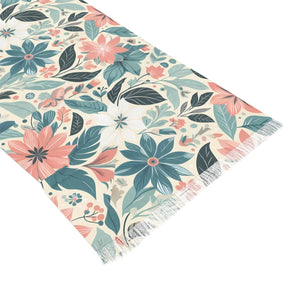 Soft Teal & Pink Botanical Fringe Light Scarf - Scarves Shawls
