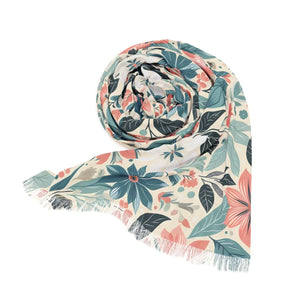 Soft Teal & Pink Botanical Fringe Light Scarf - Scarves Shawls