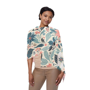 Soft Teal & Pink Botanical Fringe Light Scarf - Scarves Shawls