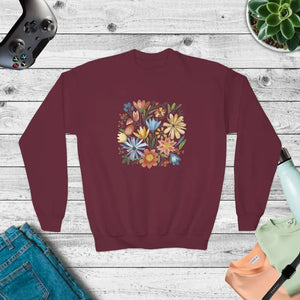 Kids Clothes - Youth Crewneck Sweatshirt Pastel Flowers Vibrant Comfort - Dipaliz Maroon / Xs