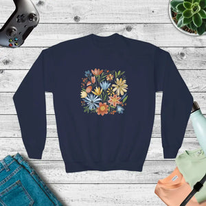 Kids Clothes - Youth Crewneck Sweatshirt Pastel Flowers Vibrant Comfort - Dipaliz Navy / Xs