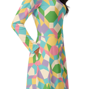 Pastel Geometric Pattern Print Long Sleeve Midi Dress - Dipaliz - Dresses