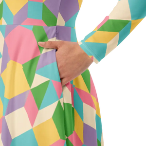 Pastel Geometric Pattern Print Long Sleeve Midi Dress - Dipaliz - Dresses