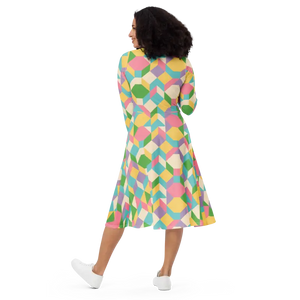 Pastel Geometric Pattern Print Long Sleeve Midi Dress - Dipaliz - Dresses