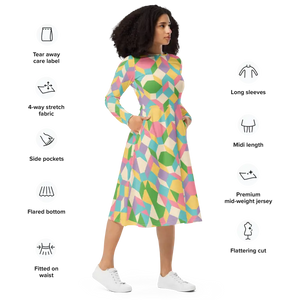 Pastel Geometric Pattern Print Long Sleeve Midi Dress - Dipaliz - Dresses