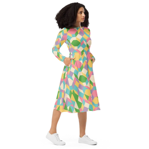 Pastel Geometric Pattern Print Long Sleeve Midi Dress - Dipaliz - Dresses