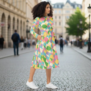 Pastel Geometric Pattern Midi Dress – Organic Cotton - Dipaliz - Dresses - Xs