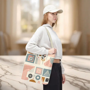 Stylish Aop Tote - Pastel Geometric Pattern Black Cotton Handles - Dipaliz - 16’’ × / Beige - Bags