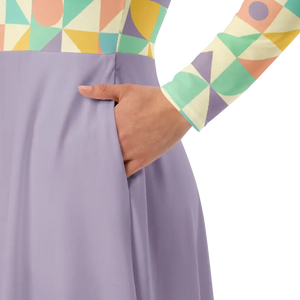 Pastel Geometric Pattern Sleeve Midi Dress Fitted Waist - Dipaliz - Dresses