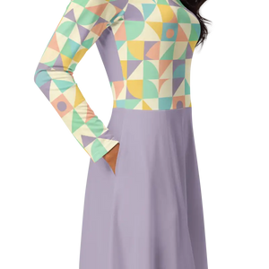 Pastel Geometric Pattern Sleeve Midi Dress Fitted Waist - Dipaliz - Dresses