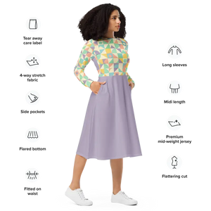 Pastel Geometric Pattern Sleeve Midi Dress Fitted Waist - Dipaliz - Dresses