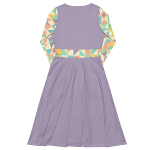 Pastel Geometric Pattern Sleeve Midi Dress Fitted Waist - Dipaliz - Dresses