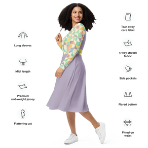 Pastel Geometric Pattern Sleeve Midi Dress Fitted Waist - Dipaliz - Dresses